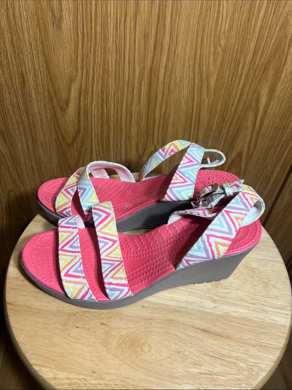 CROCS Pink Wedge Sandals with Chevron Multi-Color Straps